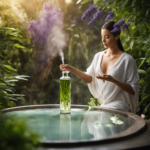 An image that showcases a serene woman in a spa, surrounded by lush green plants, as she inhales the delicate aroma of lavender essential oil diffusing from a beautiful glass diffuser