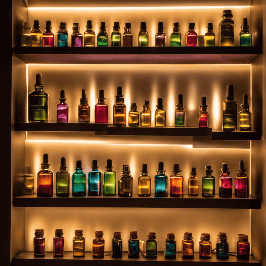 An image showcasing a serene, dimly lit room with shelves adorned with an array of vibrant, essential oil bottles