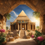 An image capturing the essence of aromatherapy's origins: an ancient Egyptian temple adorned with fragrant flowers, where priests carefully extract and blend precious oils, while a soft sunbeam illuminates the scene