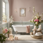 An image depicting a serene bathroom scene with soft, pastel-colored walls adorned with beautiful botanical prints