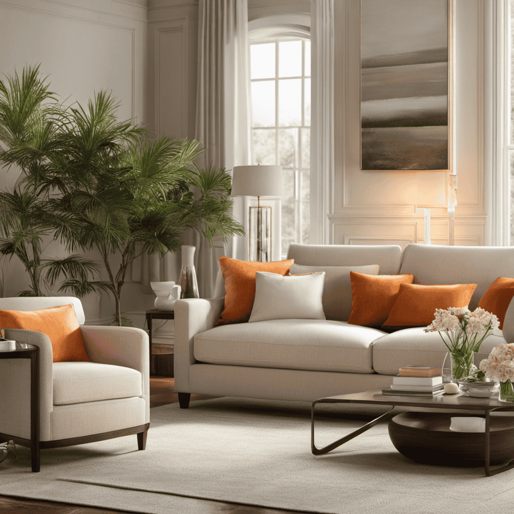 An image depicting a serene living room, with a diffuser emitting a gentle mist of sweet orange rind oil