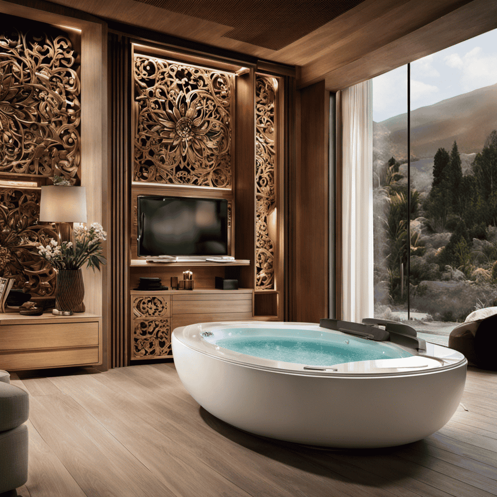 An image showcasing a close-up view of a luxurious hot tub or bathtub, highlighting the intricate design of its side panel