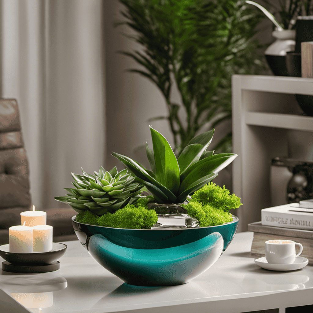 An image featuring a vibrant, contemporary living room setting with diffused natural light, showcasing a perfectly crafted electric flower-shaped aromatherapy bowl placed elegantly on a coffee table, surrounded by serene green plants