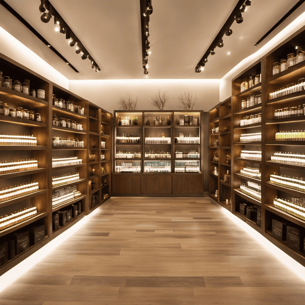 An image showcasing a serene, well-lit store interior with neatly arranged shelves filled with an array of beautifully designed aromatherapy diffusers, surrounded by a variety of soothing essential oils, enticing customers to explore and purchase their perfect diffuser