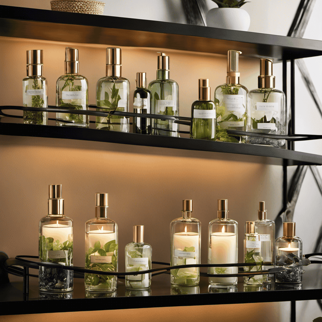 An image showcasing a serene bathroom shelf adorned with various sizes of empty glass bottles from Bathandbodyworks Aromatherapy