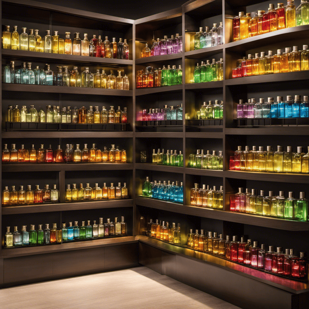 An image showcasing a serene, well-lit space adorned with shelves filled with an array of colorful glass bottles, displaying various scents of aromatherapy oils
