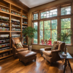 An image of a serene, sunlit room adorned with shelves filled with colorful, neatly organized bottles of essential oils