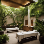 An image showcasing a serene spa-like setting with a massage therapy classroom surrounded by lush greenery, aromatic essential oils diffusing in the air, and students practicing their craft under the guidance of experienced instructors