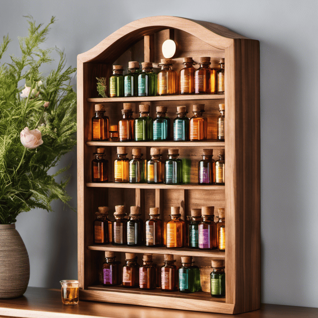 An image showcasing an inviting wooden shelf adorned with small, intricately designed glass bottles of aromatherapy anointing oils