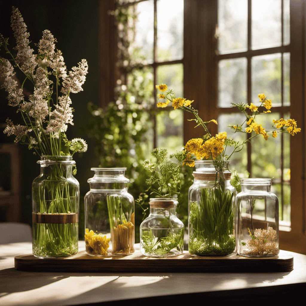 An image: A serene, sunlit room featuring a wooden shelf adorned with neatly arranged glass jars, each holding a different vibrant botanical ingredient