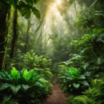 An image showcasing a serene, lush rainforest enveloped in a delicate mist