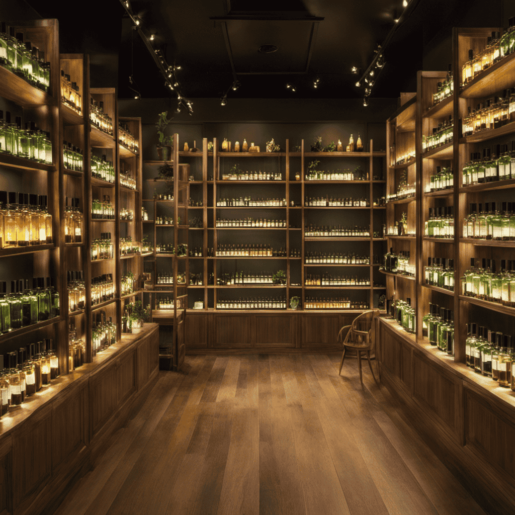 An image showcasing a tranquil boutique store with shelves adorned with exquisite glass bottles filled with fragrant aromatherapy oils