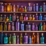 An image of a serene, lavender-filled room with shelves lined with colorful glass bottles, showcasing a variety of aromatic oils