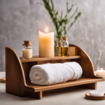 An image showcasing a serene bathroom scene with a wooden shelf displaying an assortment of aromatherapy roll-ons, accompanied by a towel, robe, and a flickering candle, inviting readers to explore different application points for a blissful aromatherapy experience
