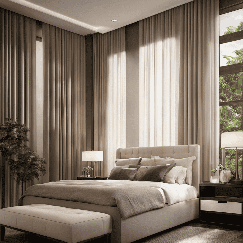 An image showcasing a serene bedroom with a diffuser releasing aromatic vapors on a nightstand, while soft rays of sunlight filter through sheer curtains, illuminating the room with a tranquil ambiance