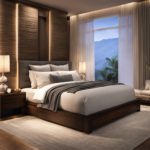 An image that showcases a serene bedroom scene, with a cozy bed surrounded by soft, diffused lighting