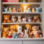 An image showcasing a cozy, well-lit room with shelves lined with adorable plush animals infused with soothing scents