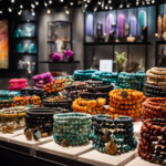 An image featuring a close-up shot of a vibrant display in a boutique shop, showcasing an array of colorful lava rock bracelets, diffuser necklaces, and elegant pendants, all exuding a soothing and captivating aura