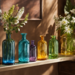 An image showcasing a serene, sunlit room with shelves adorned by an array of vibrantly colored glass bottles