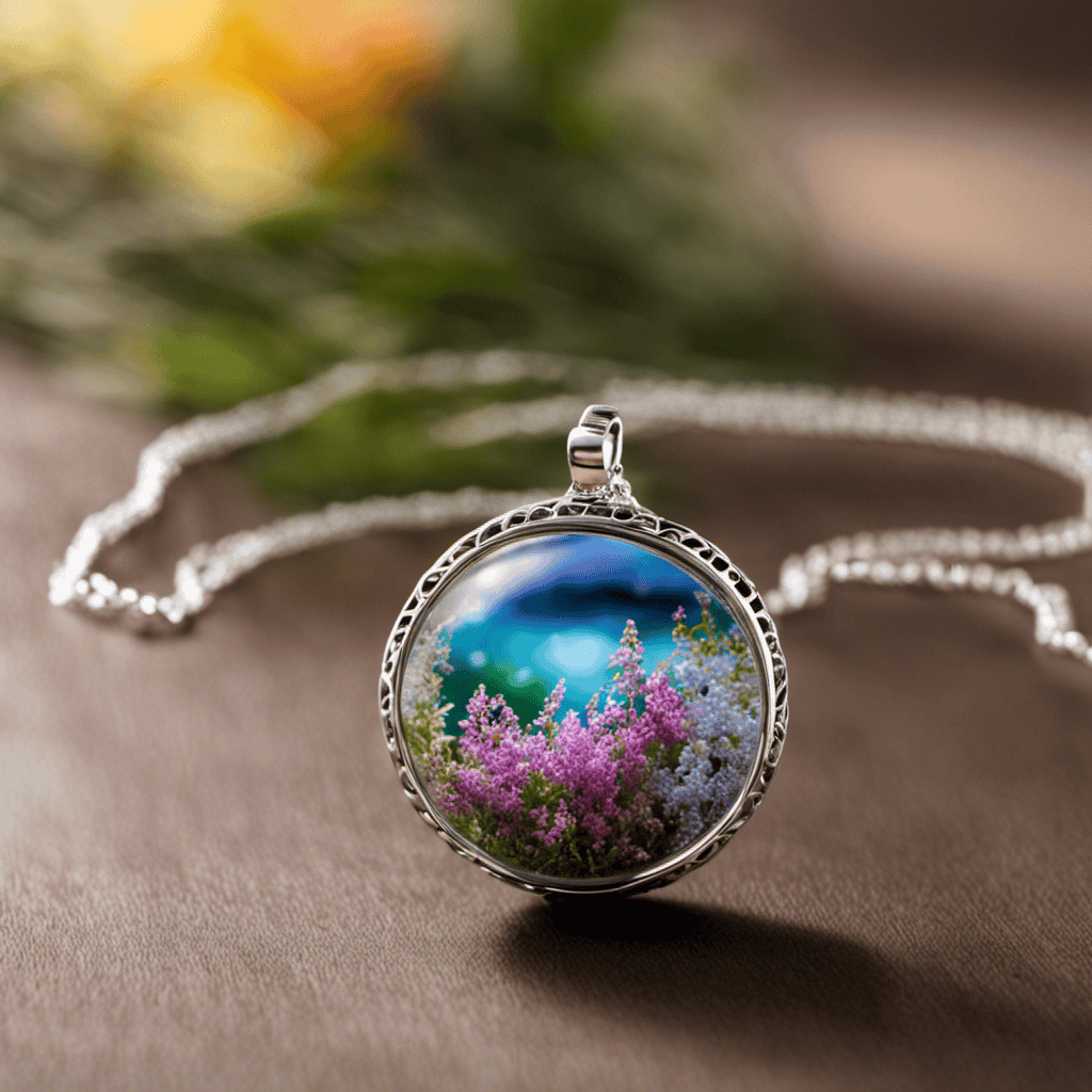 An image showcasing a serene, ethereal scene with a delicate, silver aromatherapy necklace adorned with vibrant balls