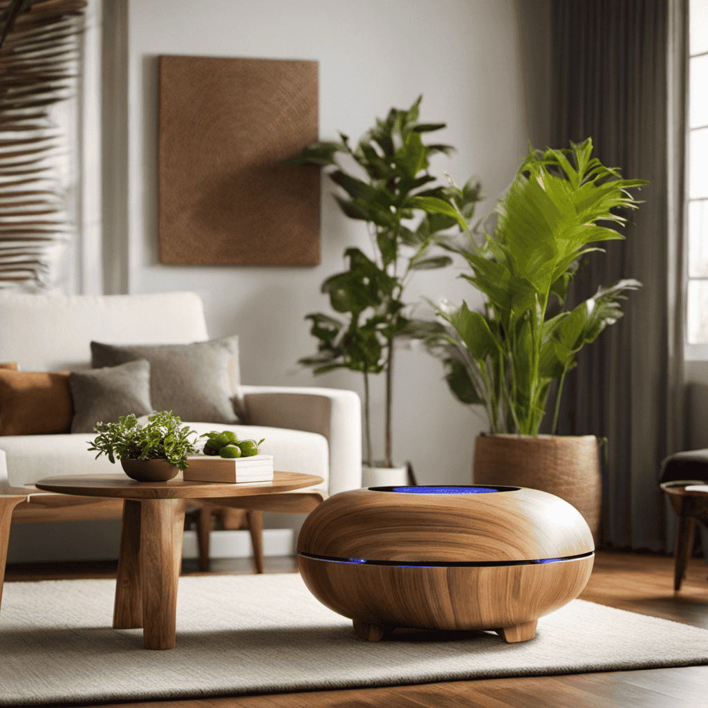 An image of a serene, nature-inspired living room featuring the Wood-Grain Purespa Natural Aromatherapy Oil Diffuser as the focal point