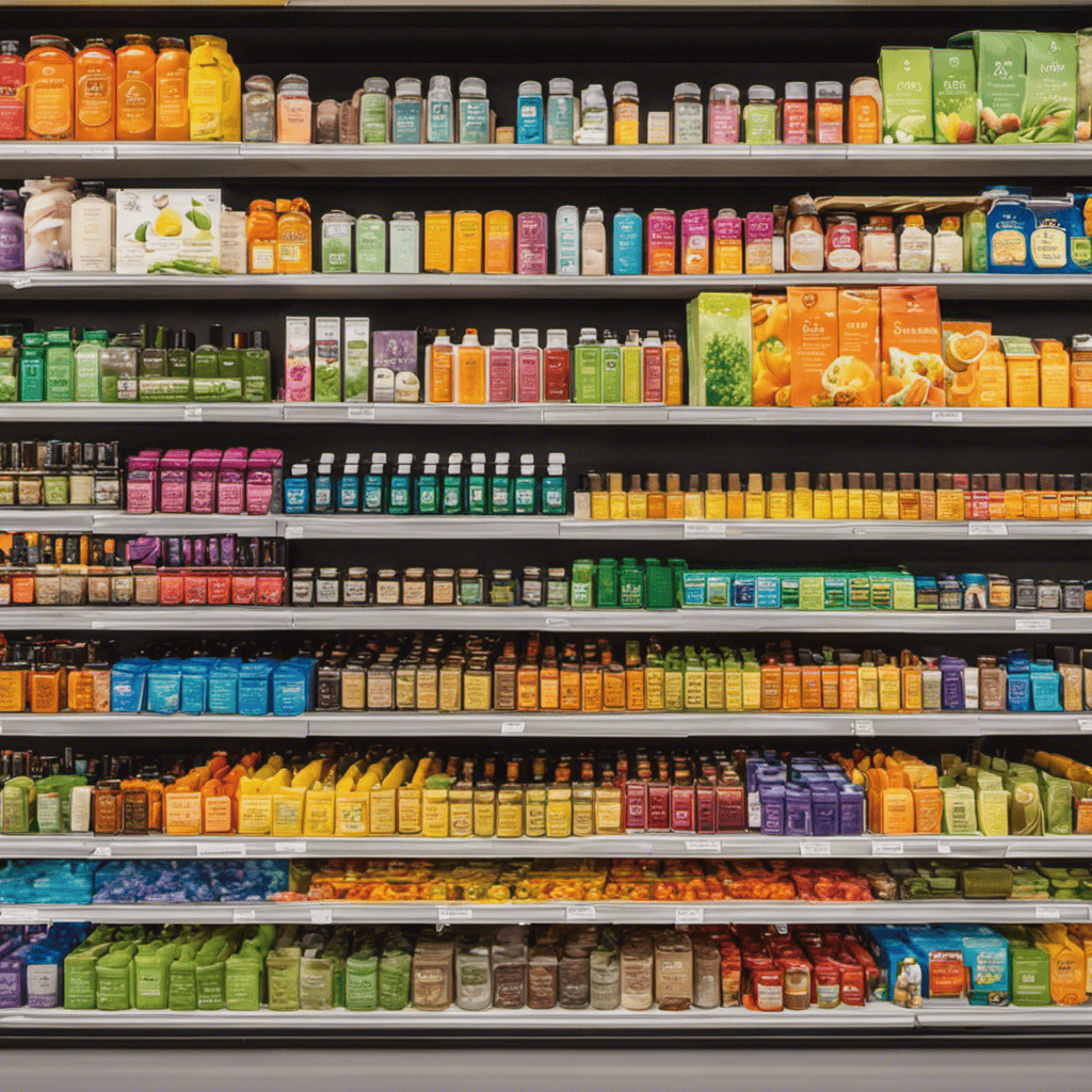 An image showcasing the vibrant Walmart aisle filled with rows of colorful shelves, neatly arranged with an extensive collection of aromatherapy products