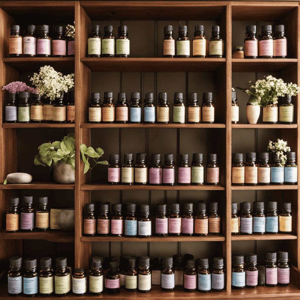 An image showcasing a serene, sun-drenched room with shelves filled with neatly organized rows of essential oil bottles, surrounded by delicate flowers and lush green plants, evoking a peaceful atmosphere for learning aromatherapy