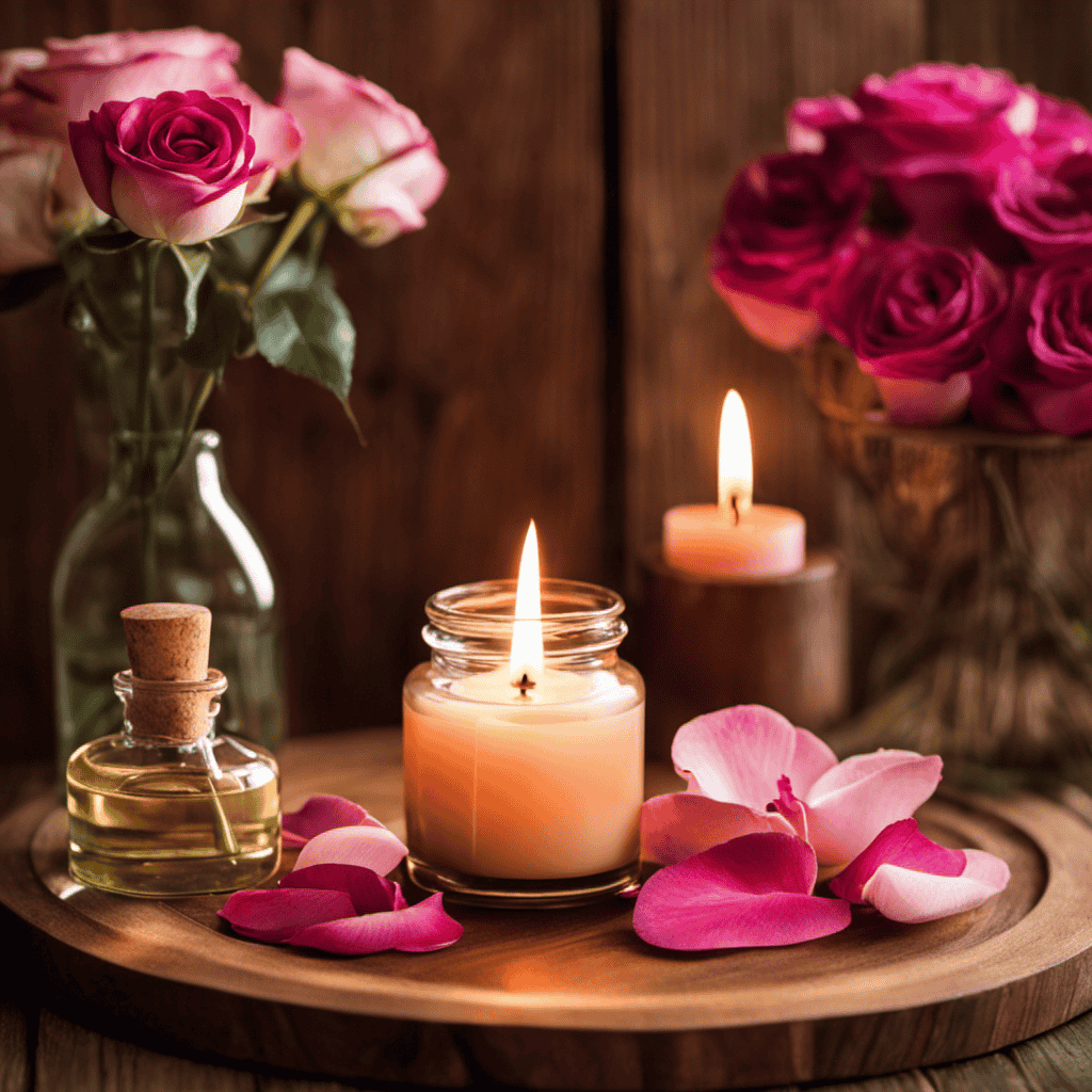 An image showcasing a serene and inviting spa environment, with a glass bottle of Aromatherapy Sandalwood Rose Spray beautifully displayed on a natural wood shelf, surrounded by fresh rose petals and a soft, diffused light that exudes tranquility