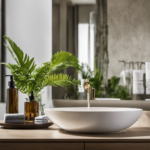 An image showcasing a serene bathroom setting with a vanity adorned with aromatic lotion bottles, surrounded by lush green plants, bath towels neatly folded nearby, and a diffuser emitting gentle mist in the background