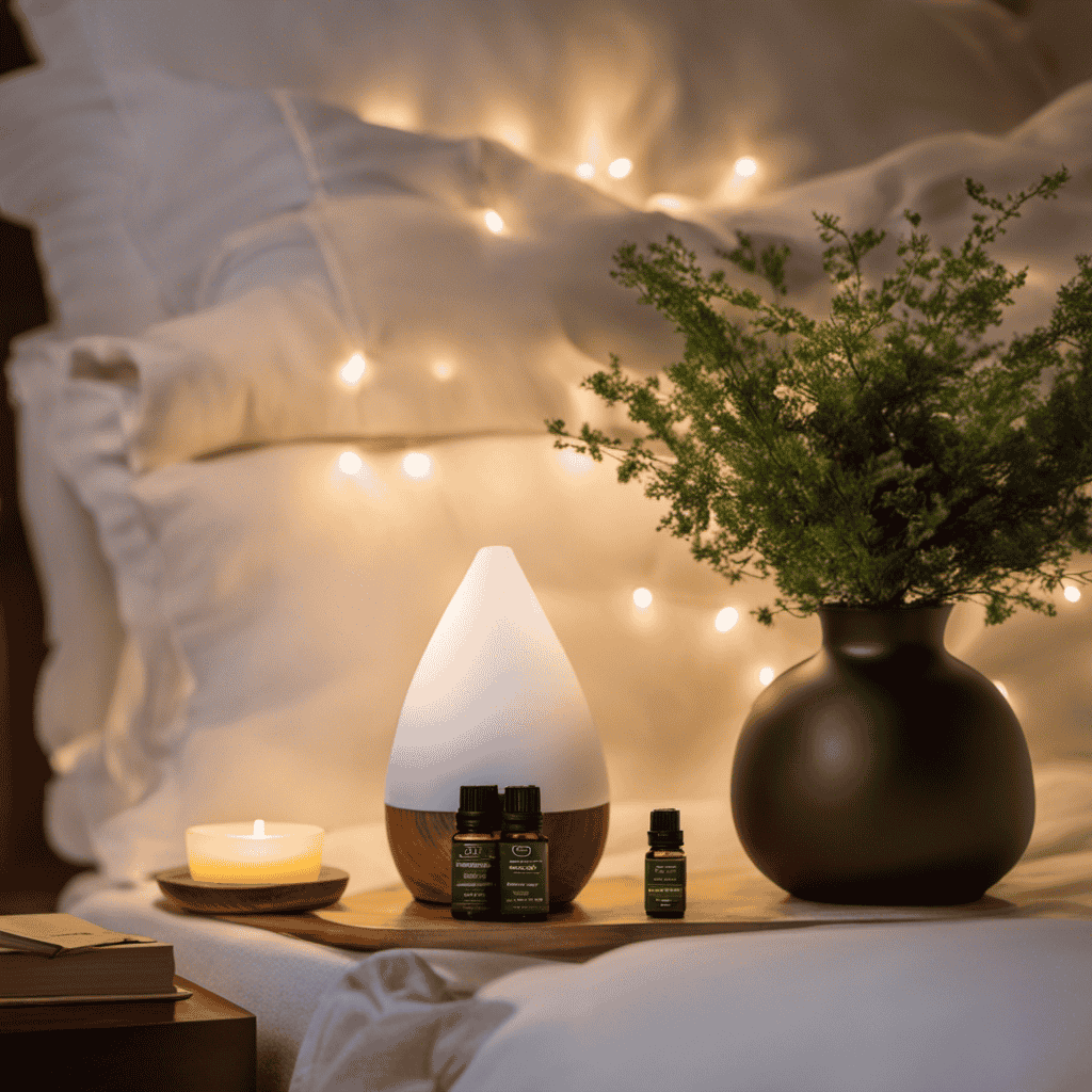 An image showcasing a serene bedroom scene with a diffuser emitting a gentle mist of Essential Oils Good Night Aromatherapy by Nature's Truth, nestled on a nightstand next to a cozy bed