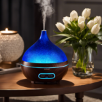 An image showcasing an elegantly designed living room, where a sleek, ultrasonic aromatherapy diffuser sits atop a wooden side table, surrounded by soft ambient lighting, emitting a gentle mist of fragrance into the air