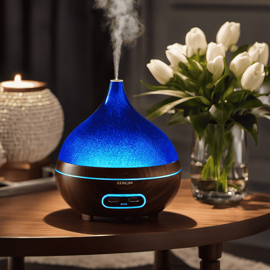 An image showcasing an elegantly designed living room, where a sleek, ultrasonic aromatherapy diffuser sits atop a wooden side table, surrounded by soft ambient lighting, emitting a gentle mist of fragrance into the air