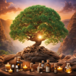 An image showcasing a serene scene of a sacred frankincense tree, gently swaying in a vibrant oasis, surrounded by delicate glass bottles filled with various aromatherapy oils, each labeled with their corresponding benefits