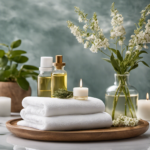 An image showcasing a serene bathroom scene with a marble countertop adorned with a variety of essential oils, a delicate white towel, and a spritz of misty aromatherapy oil floating in the air