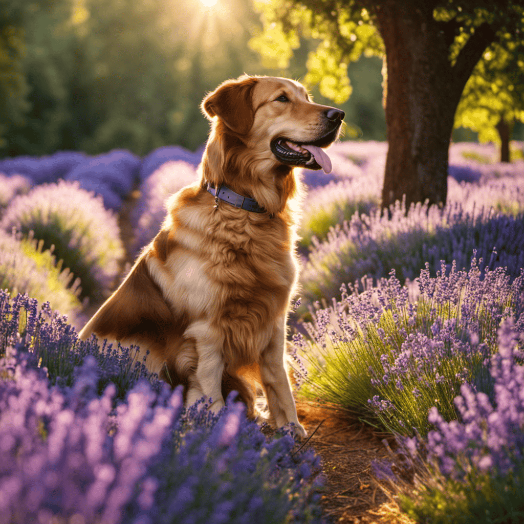 An image featuring a serene setting with a contented dog surrounded by lavender fields, while soft rays of sunlight filter through the trees, highlighting a display of essential oils specifically beneficial for canine aromatherapy