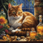 An image showcasing a serene scene of a cat peacefully curled up, surrounded by a selection of cat-safe aromatherapy oils