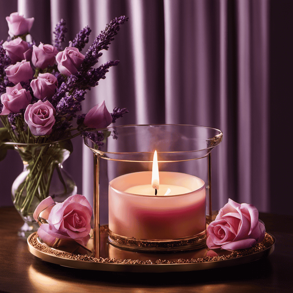 An image showcasing a sensual scene with a dimly lit room, a bed adorned with rose petals, and a single lit candle exuding the captivating scents of lavender, vanilla, and sandalwood