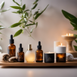 An image showcasing a serene spa-like setting, with soft lighting, essential oils diffusing from a sleek, modern aromatherapy device, and a variety of calming scents displayed on a wooden shelf, highlighting the connection between aromatherapy and the Cam domain