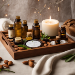 An image featuring a serene setting with a wooden tray holding an array of carrier oils such as sweet almond, jojoba, and coconut, alongside a flickering candle and a selection of aromatic essential oils