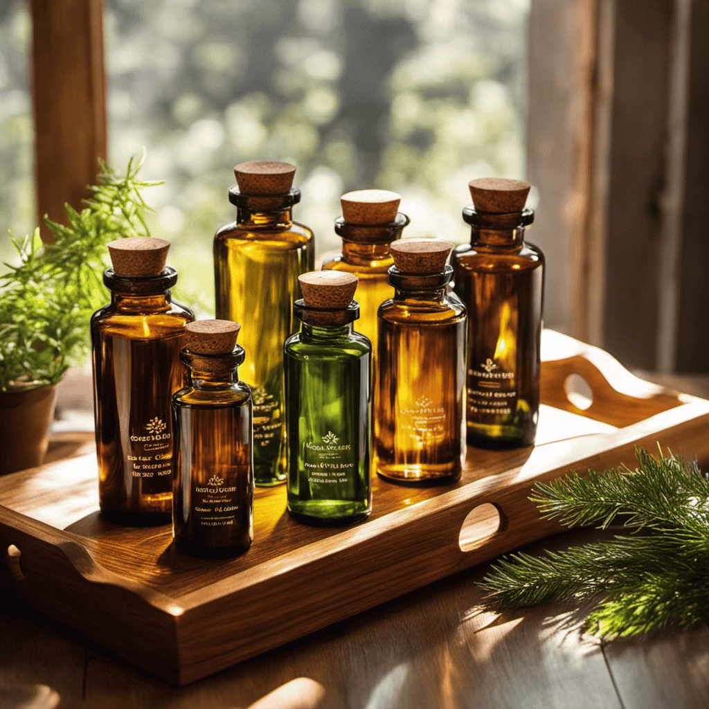 An image showcasing a tranquil setting with a variety of cedar oils, neatly arranged on a wooden tray