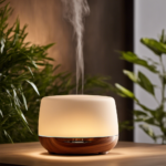 An image capturing a serene spa setting, with a wooden diffuser releasing delicate wisps of aromatic cedar oil into the air