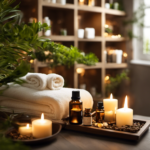 An image showcasing a serene spa environment, with soft lighting, lush greenery, and a tranquil massage table surrounded by shelves filled with various essential oils and diffusers, inviting readers to explore the domain of aromatherapy