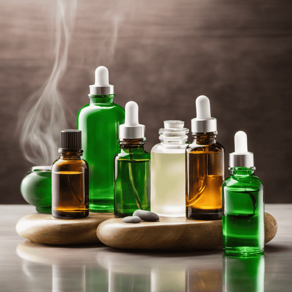 An image showcasing a serene, minimalist spa setting with an array of vibrant essential oil bottles neatly arranged, emitting soft, ethereal wisps of aromatic steam, inviting readers to explore the world of aromatherapy