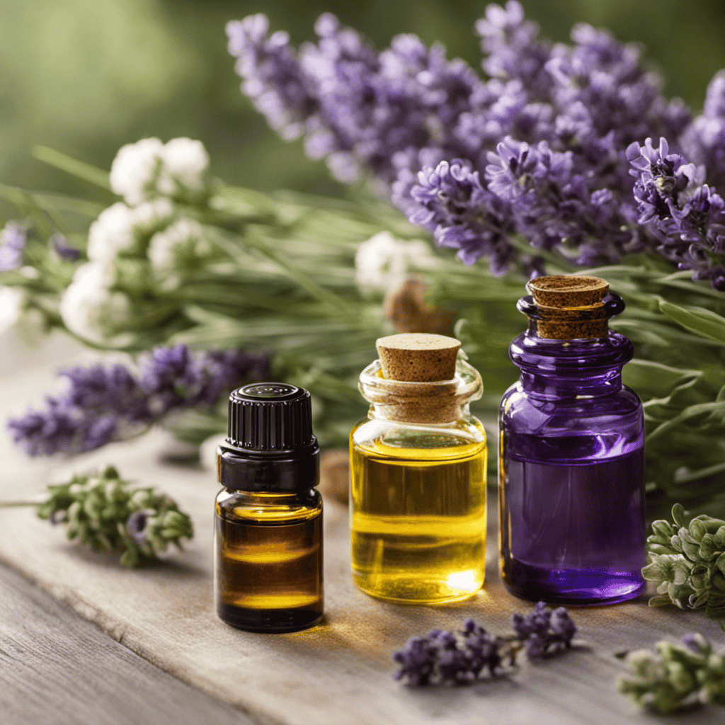 An image showcasing a serene setting with various essential oils, such as lavender, eucalyptus, and chamomile, gently diffusing their fragrances