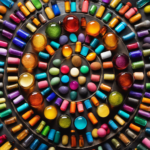 An image showcasing a vibrant mosaic of various essential oil bottles, arranged in a circular pattern