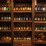 An image showcasing a serene setting with a diverse group of passionate individuals engaged in aromatic practices, surrounded by shelves filled with meticulously labeled essential oil bottles and adorned with certificates from various aromatherapy schools