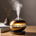 An image showcasing a serene, well-lit room filled with aromatic vapor as a sleek, modern aromatherapy vaporizer elegantly sits on a table, emitting gentle wisps of fragrant mist