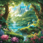 An image showcasing a serene forest scene with a Misdreavous emitting calming waves, surrounded by a group of Grass-type Pokémon, such as Roselia, Cherrim, and Leafeon, all basking in the soothing aroma of Aromatherapy
