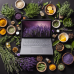 An image featuring a vibrant collage of assorted aromatic ingredients like lavender, eucalyptus, and rosemary, arranged around a laptop displaying multiple open tabs of different websites, symbolizing a quest to find the ultimate hub for a plethora of aromatherapy recipes