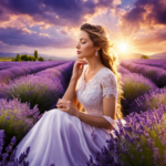 An image featuring a serene woman surrounded by lavender fields, inhaling its soothing scent
